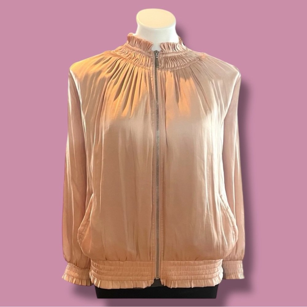 NWOT Chicos Satin Ruffled Blush Pink Color Long Sleeve Bomber Jacket Zip Size 3P